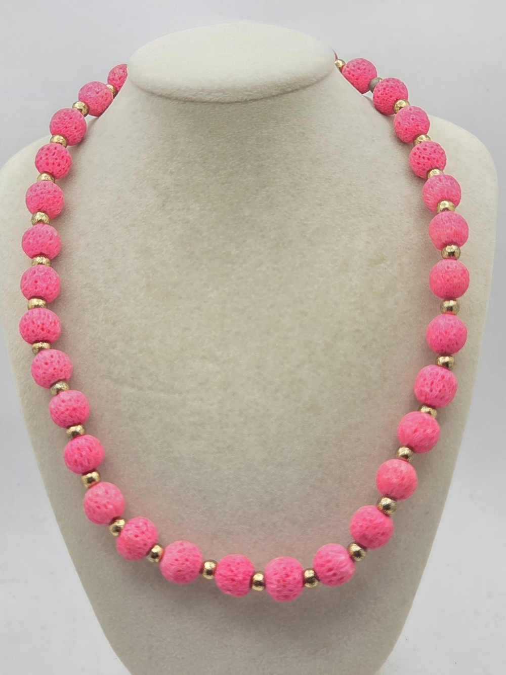 Vintage Neon Pink Lava Rock Beaded Necklace - 17"